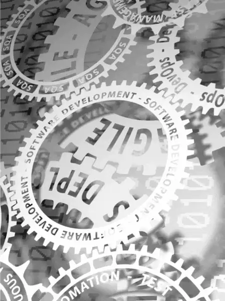 Rotating gears: software development, agile, DevOps, deployment